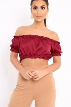 Rebellious Fashion Wine Satin Ruched Bardot Gypsy Crop Top - Becky