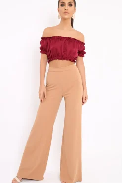 Rebellious Fashion Wine Satin Ruched Bardot Gypsy Crop Top - Becky