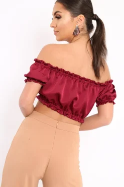Rebellious Fashion Wine Satin Ruched Bardot Gypsy Crop Top - Becky