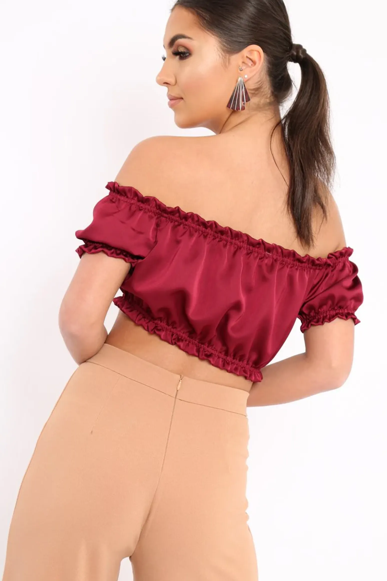 Rebellious Fashion Wine Satin Ruched Bardot Gypsy Crop Top - Becky
