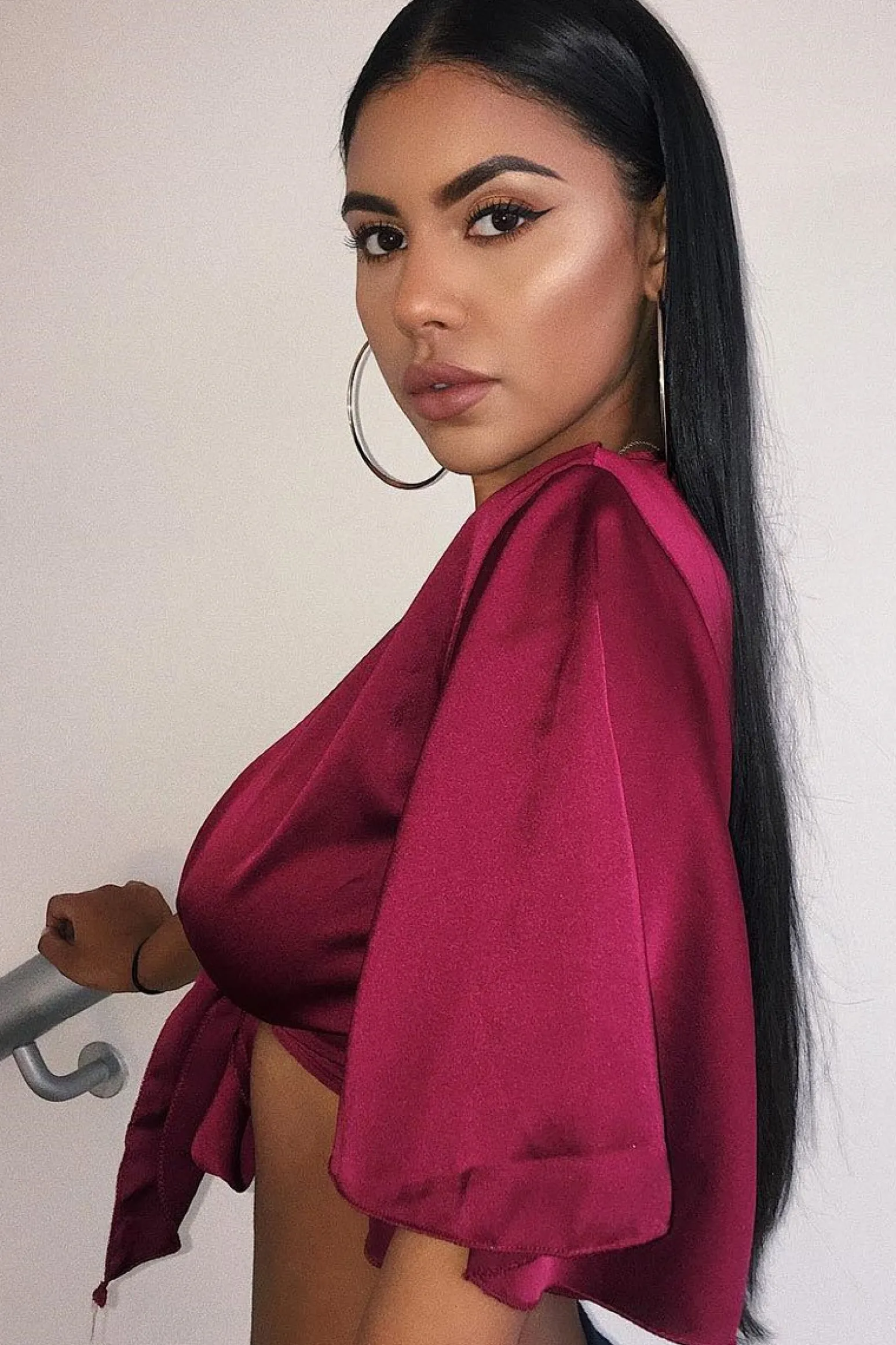 Rebellious Fashion Wine Satin Tie Crop Top - Alara