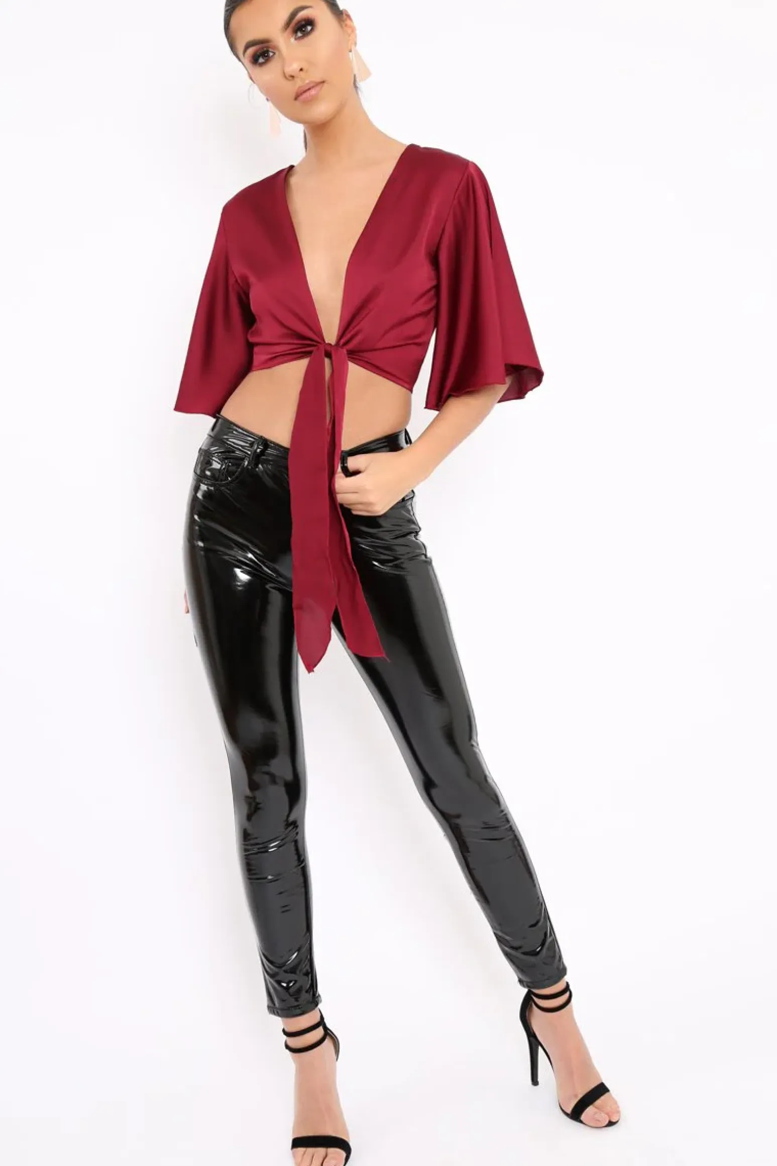 Rebellious Fashion Wine Satin Tie Crop Top - Alara