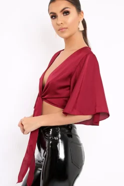 Rebellious Fashion Wine Satin Tie Crop Top - Alara