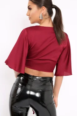 Rebellious Fashion Wine Satin Tie Crop Top - Alara