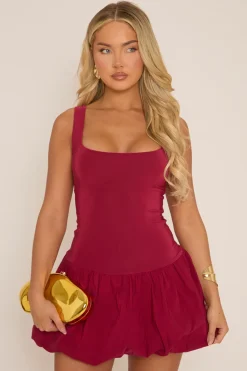 Rebellious Fashion Wine Scoop Neck Puffball Mini Dress - Alyssa