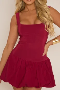 Rebellious Fashion Wine Scoop Neck Puffball Mini Dress - Alyssa