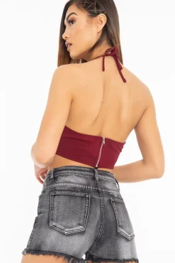 Rebellious Fashion Wine Sequin Halter Neck Split Front Crop Top - Reese