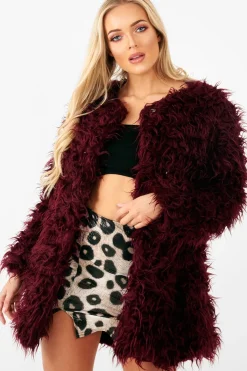 Rebellious Fashion Wine Shaggy Faux Fur Coat - Evalina