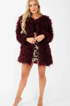 Rebellious Fashion Wine Shaggy Faux Fur Coat - Evalina