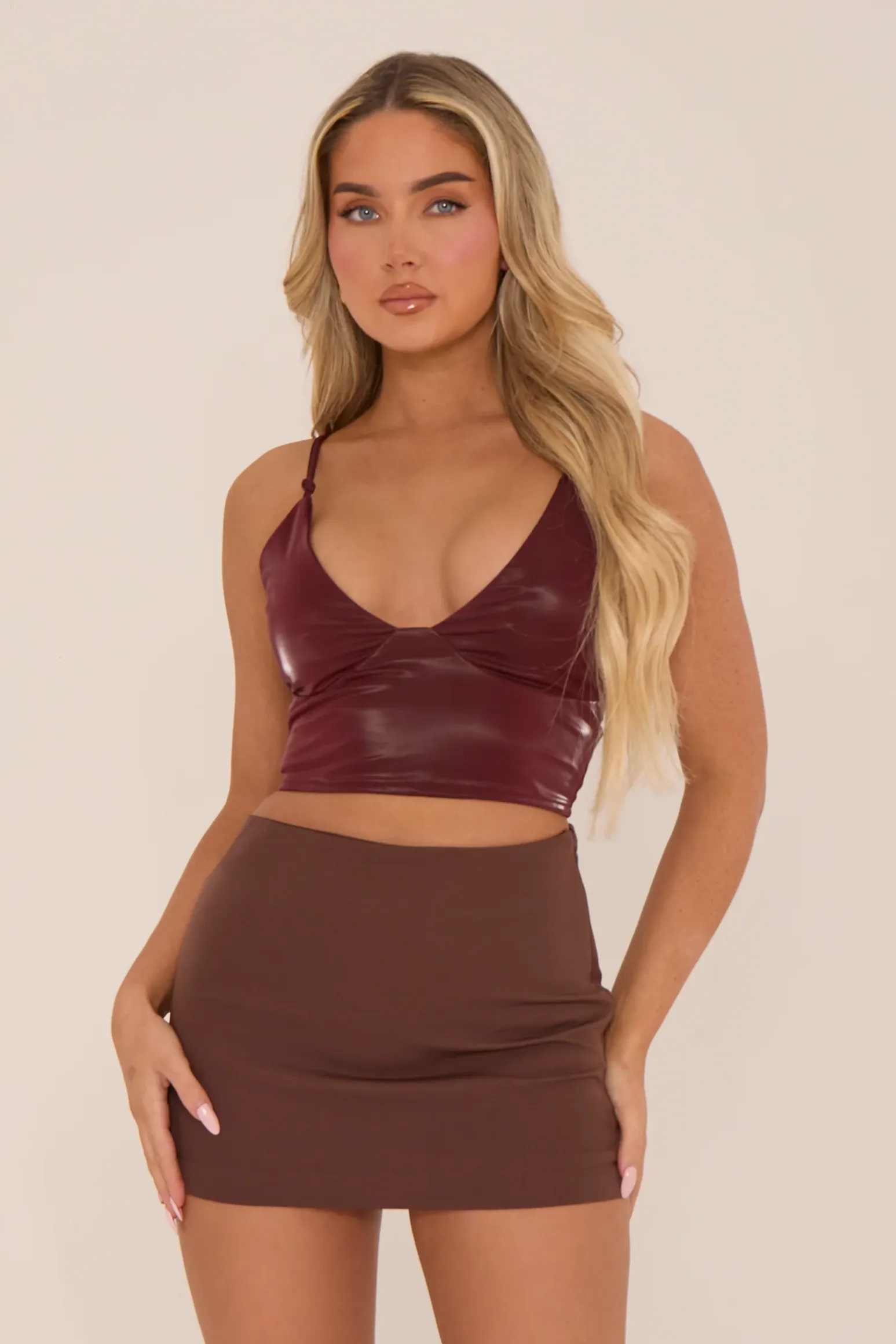 Rebellious Fashion Wine Shine Faux Leather Crop Top - Allyson