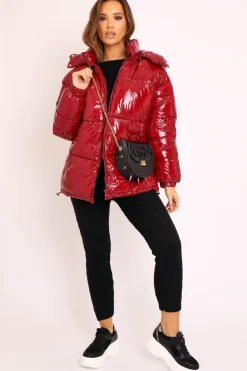 Rebellious Fashion Wine Shiny Wet Look Chunky Hooded Puffer Coat - Syra
