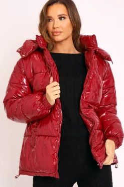 Rebellious Fashion Wine Shiny Wet Look Chunky Hooded Puffer Coat - Syra