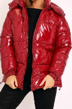 Rebellious Fashion Wine Shiny Wet Look Chunky Hooded Puffer Coat - Syra