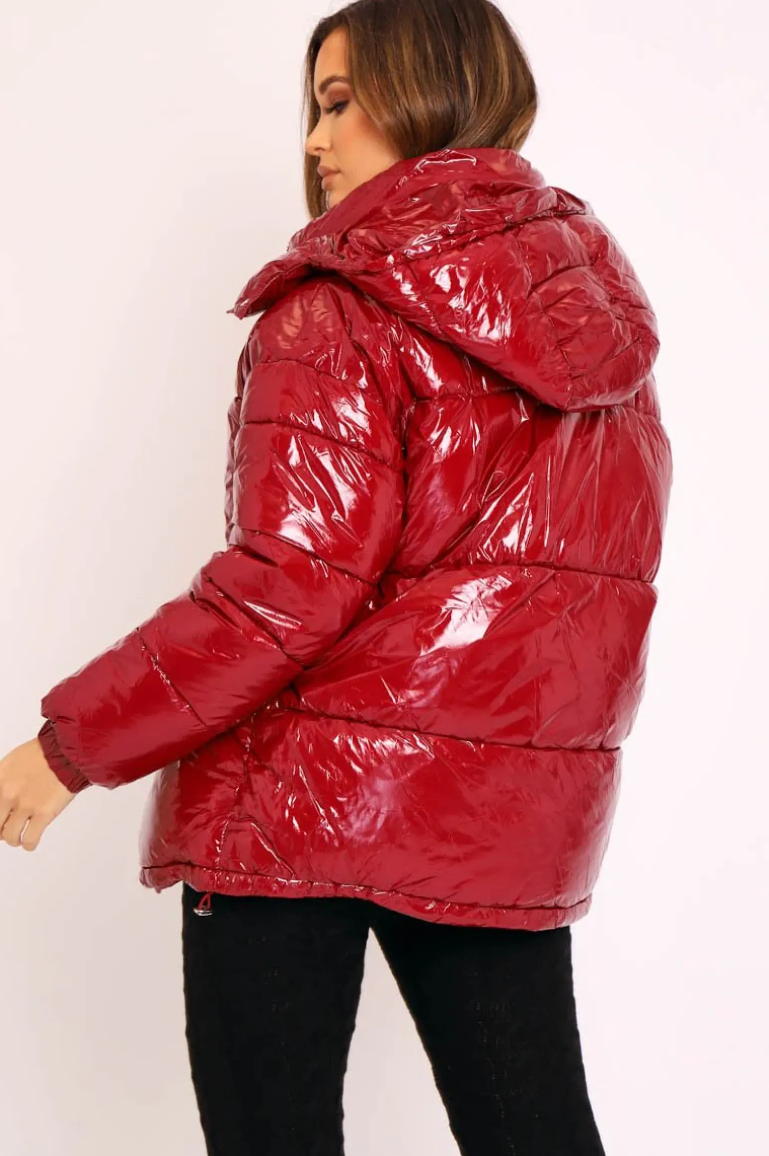 Rebellious Fashion Wine Shiny Wet Look Chunky Hooded Puffer Coat - Syra