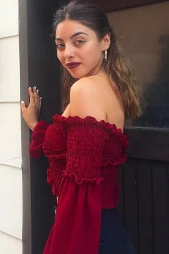 Rebellious Fashion Wine Shirred Wrap Over Bardot Crop Top - Zuri
