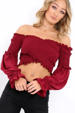 Rebellious Fashion Wine Shirred Wrap Over Bardot Crop Top - Zuri