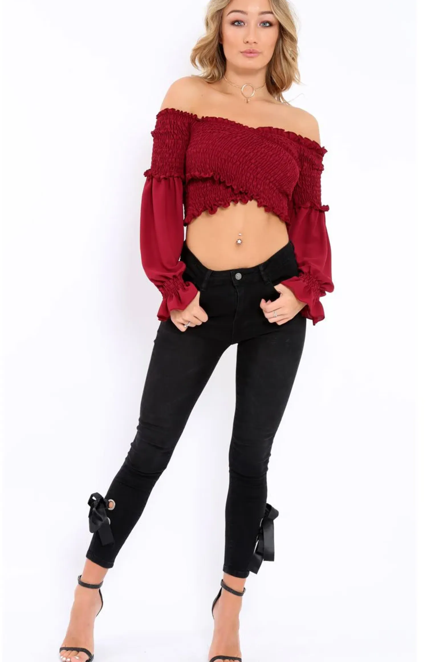 Rebellious Fashion Wine Shirred Wrap Over Bardot Crop Top - Zuri