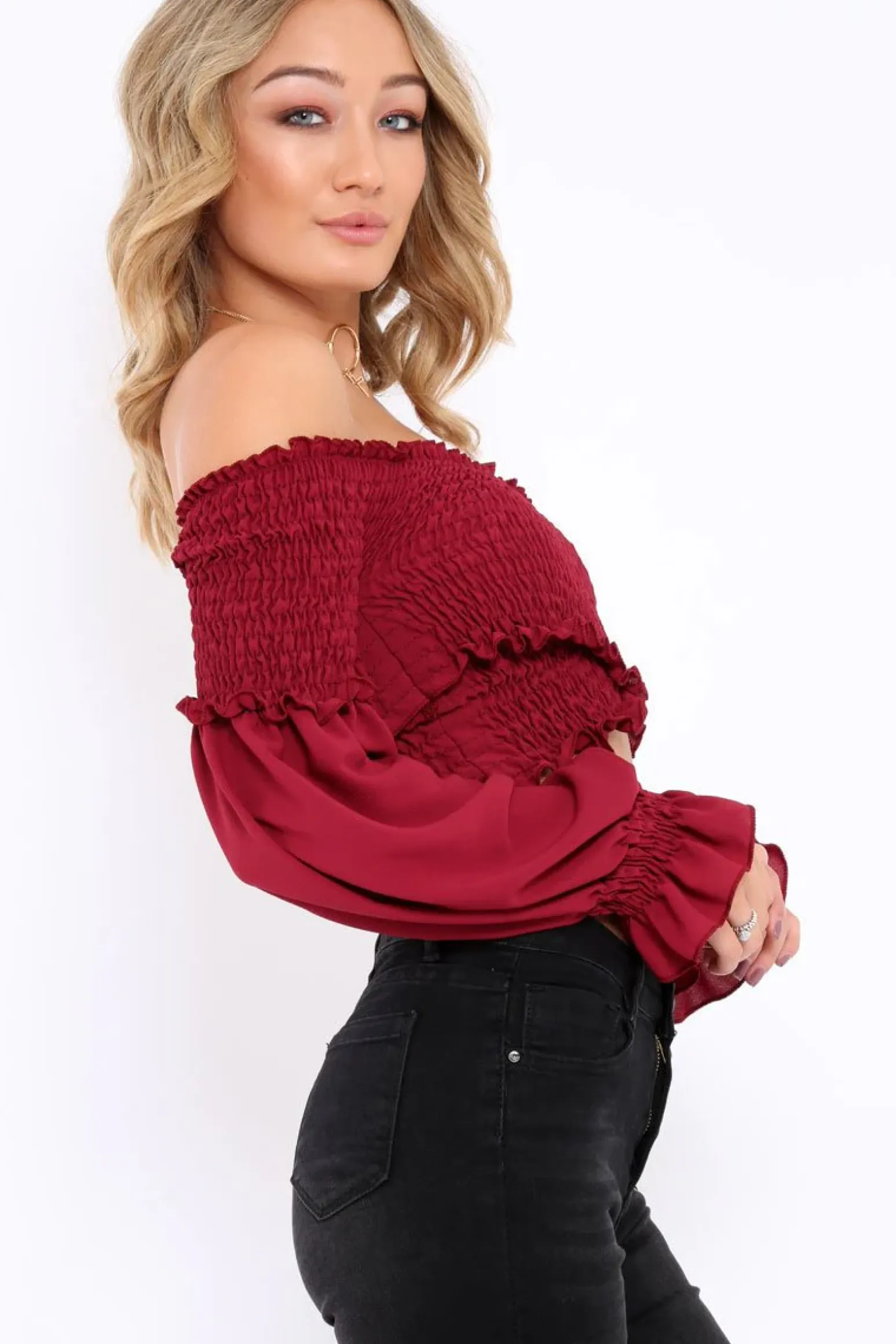 Rebellious Fashion Wine Shirred Wrap Over Bardot Crop Top - Zuri