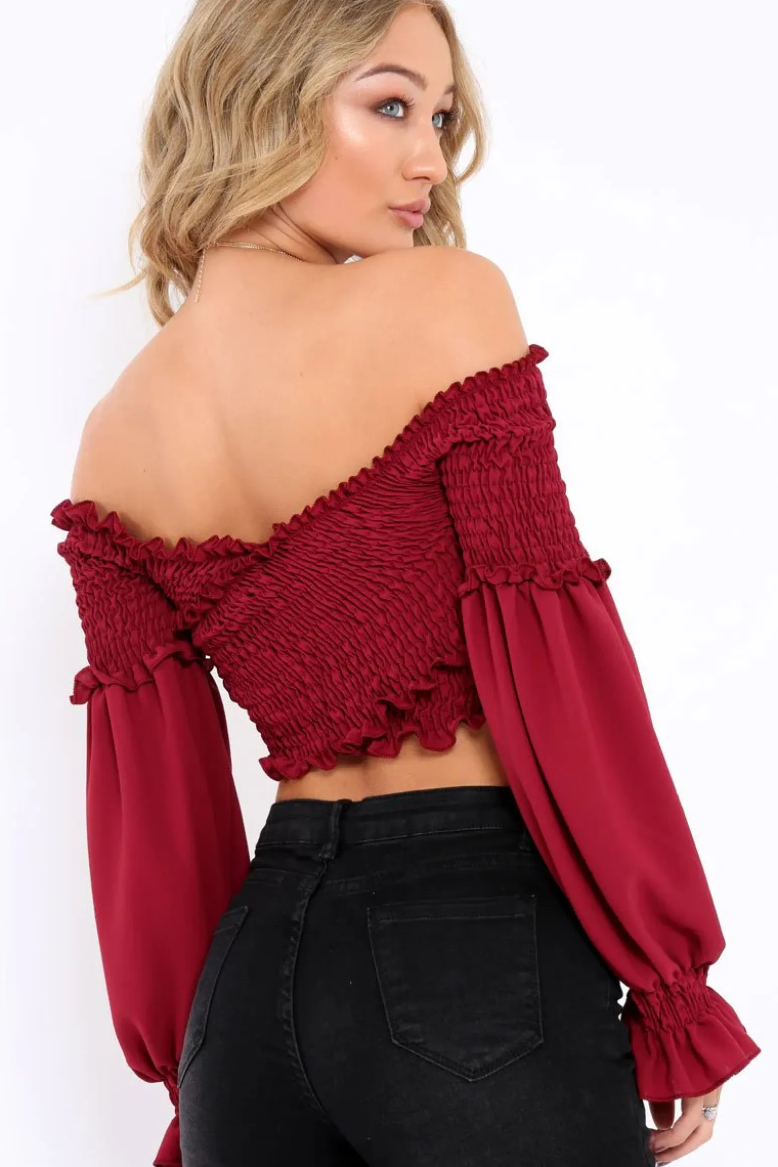 Rebellious Fashion Wine Shirred Wrap Over Bardot Crop Top - Zuri