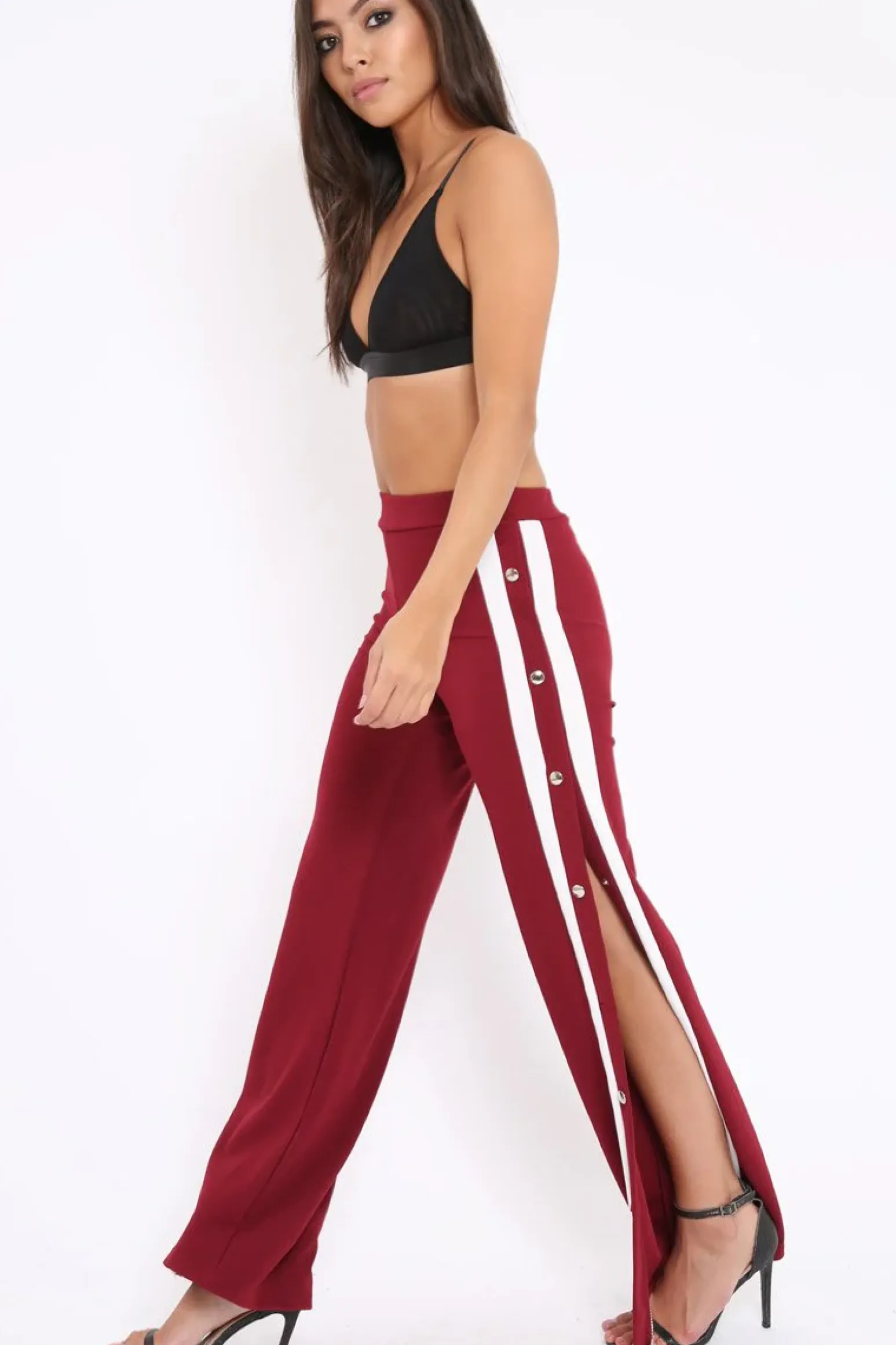 Rebellious Fashion Wine Side Popper White Stripe Trousers - Sady