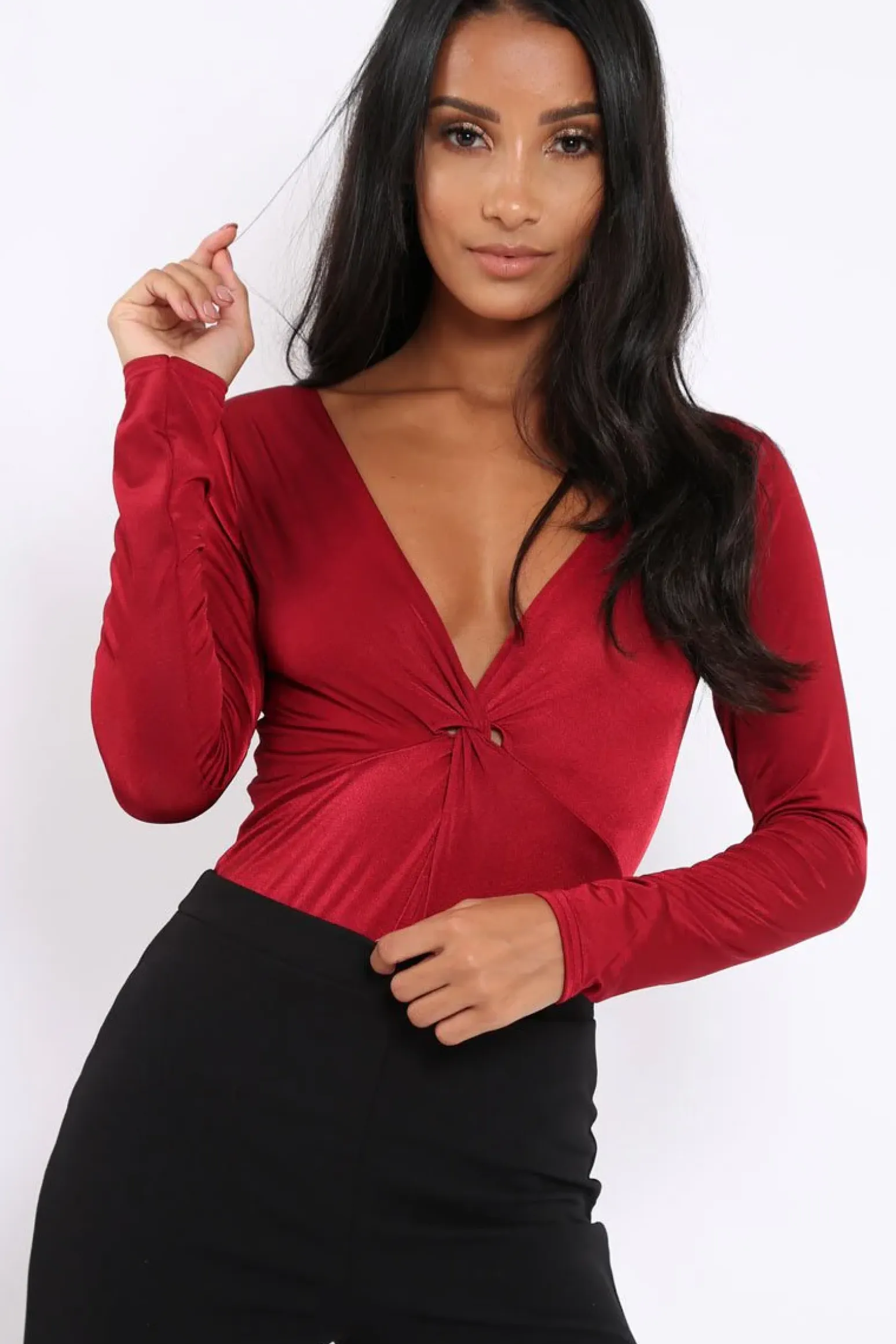 Rebellious Fashion Wine Slinky Twist Front Bodysuit - Gretchen