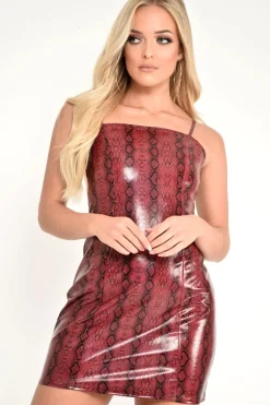 Rebellious Fashion Wine Snake Coated Straight Neck Mini Dress - Preslynn