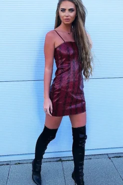 Rebellious Fashion Wine Snake Coated Straight Neck Mini Dress - Preslynn