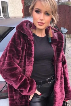 Rebellious Fashion Wine Soft Faux Fur Hooded Coat - Kila