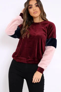 Rebellious Fashion Wine Soft Fur Jumper with Contrast Sleeves - Erla