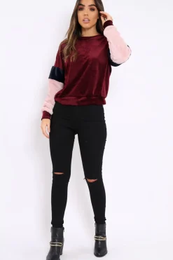 Rebellious Fashion Wine Soft Fur Jumper with Contrast Sleeves - Erla