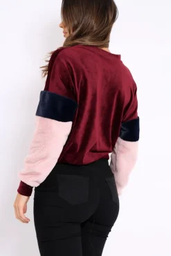 Rebellious Fashion Wine Soft Fur Jumper with Contrast Sleeves - Erla