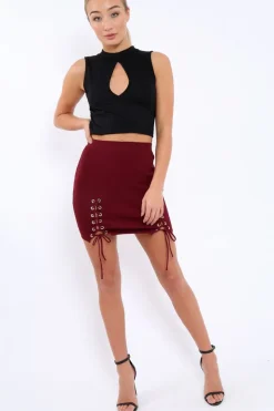 Rebellious Fashion Wine Soft Stretch Skirt with Lace Up Detail - Zarrah