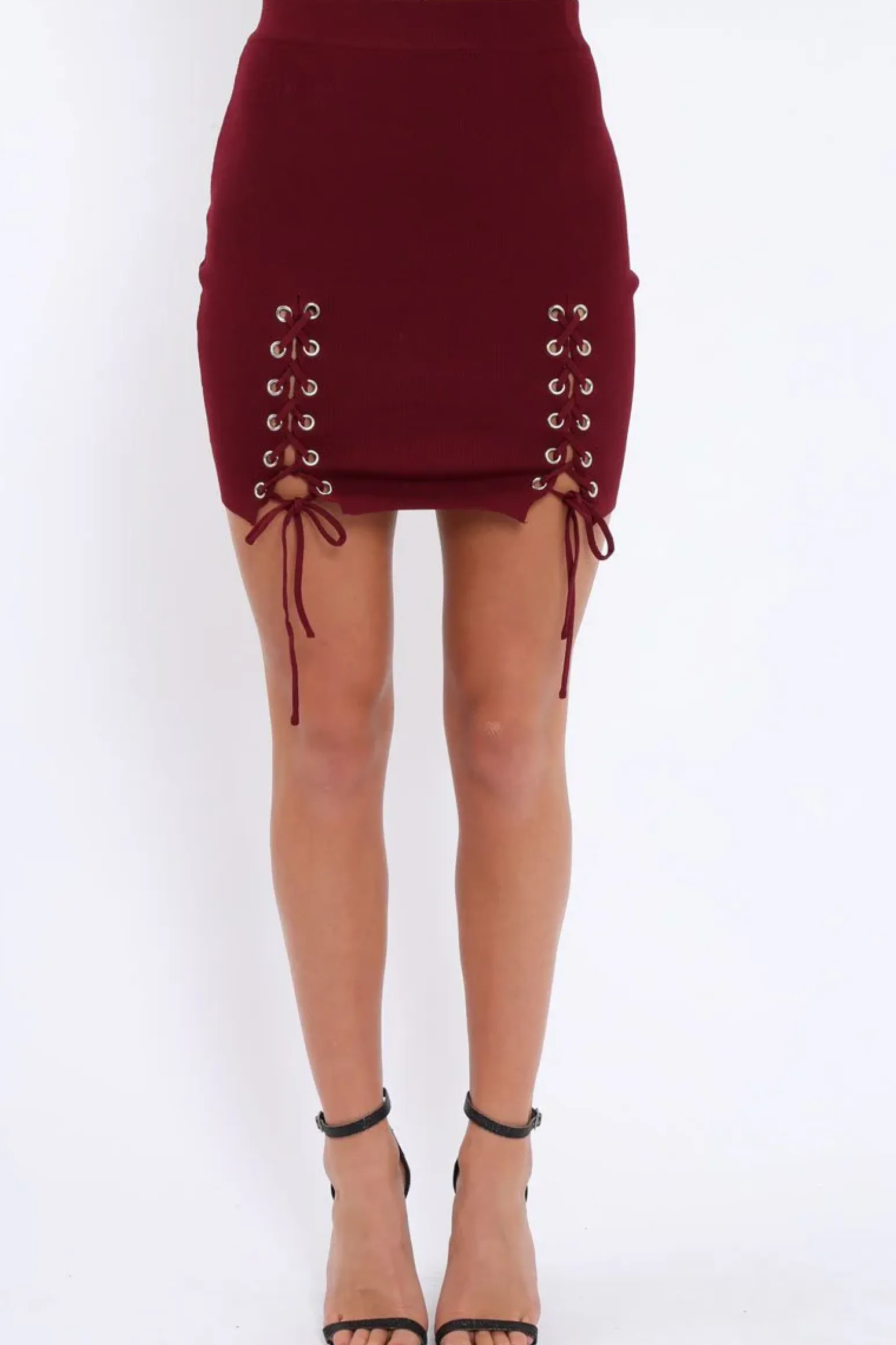 Rebellious Fashion Wine Soft Stretch Skirt with Lace Up Detail - Zarrah