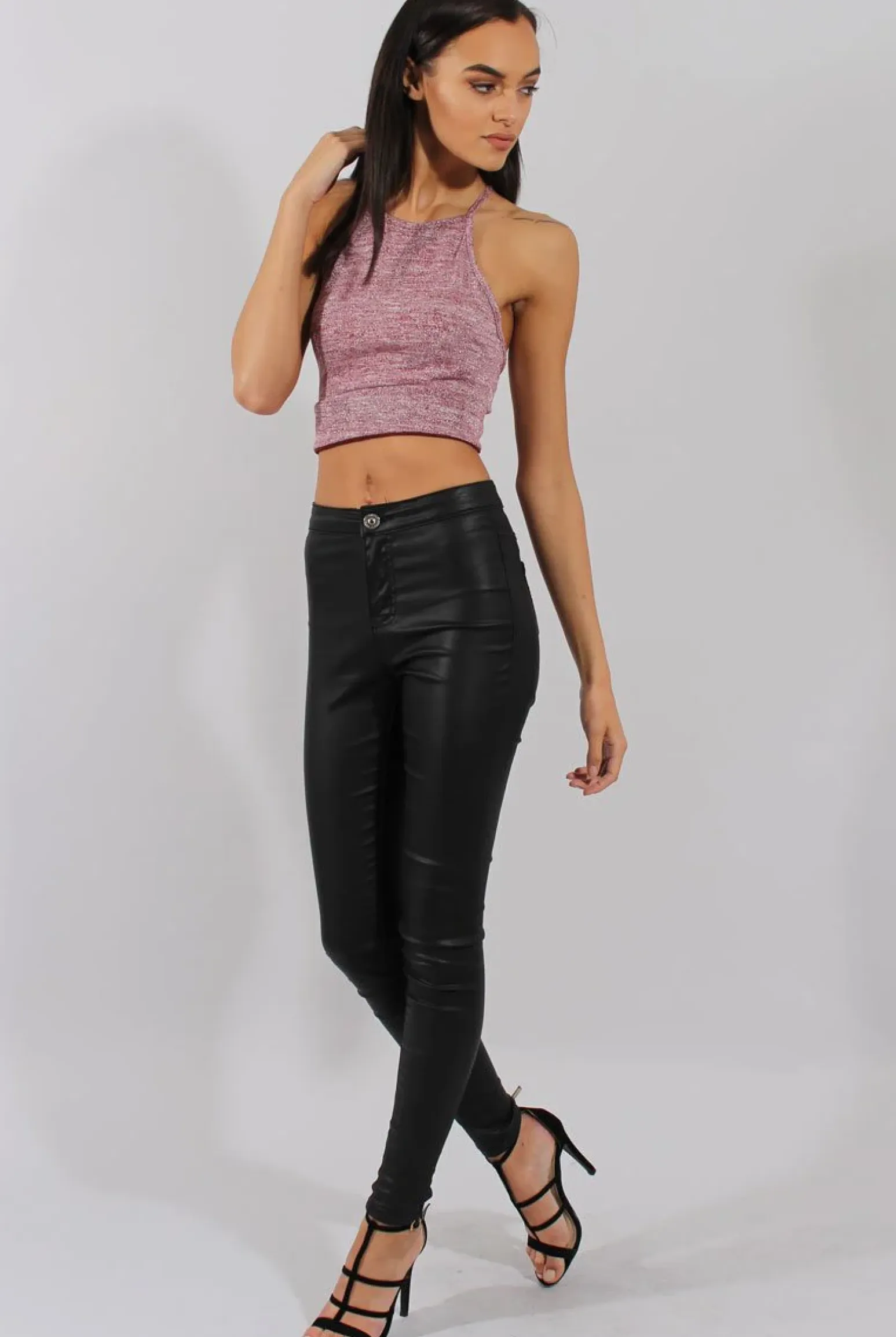 Rebellious Fashion Wine Sparkle Halter Neck Crop Top - Charla