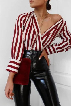 Rebellious Fashion Wine Stripe Plunge Satin Bodysuit - North