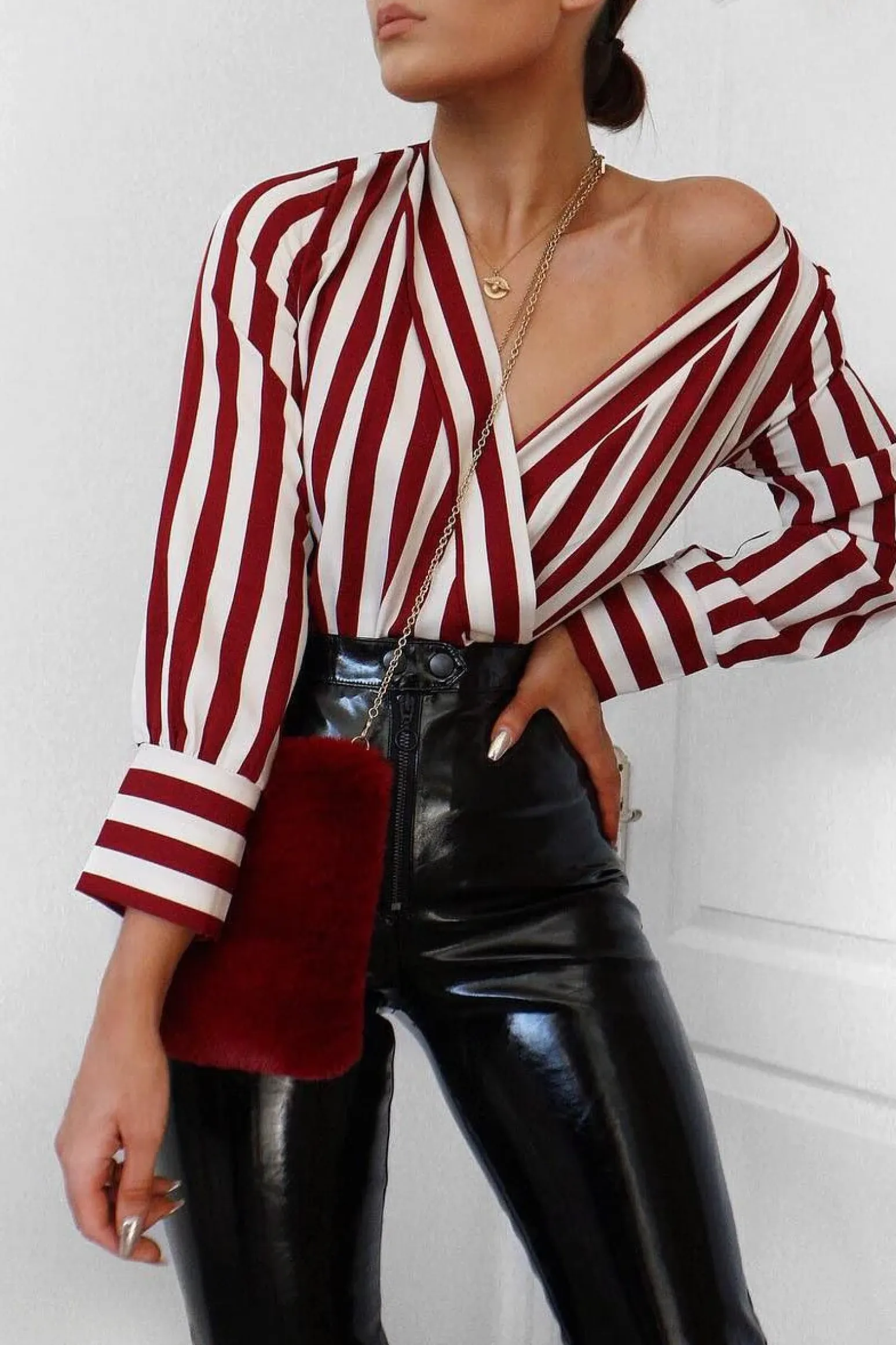 Rebellious Fashion Wine Stripe Plunge Satin Bodysuit - North