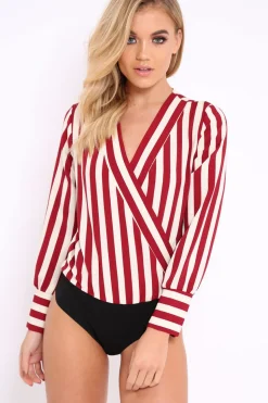 Rebellious Fashion Wine Stripe Plunge Satin Bodysuit - North