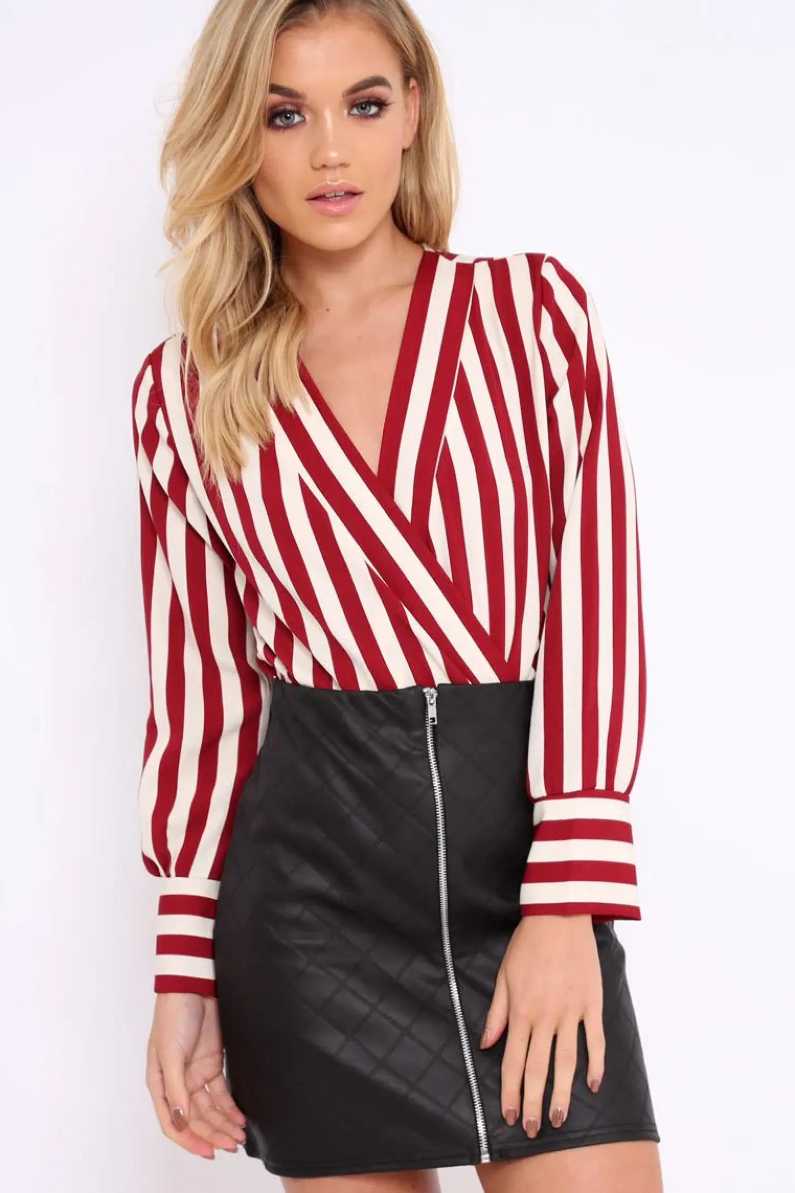 Rebellious Fashion Wine Stripe Plunge Satin Bodysuit - North