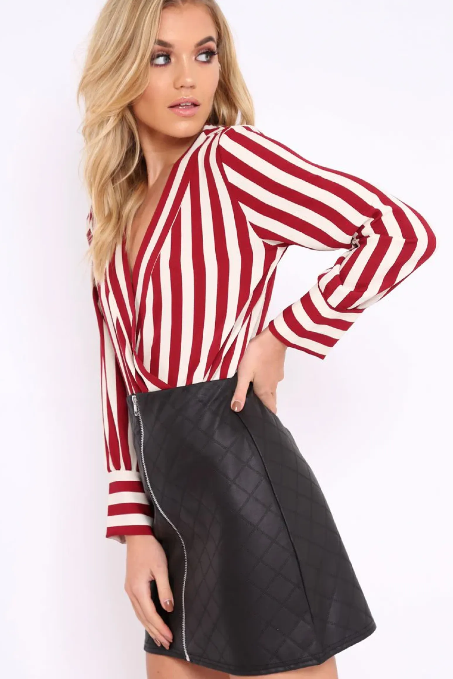 Rebellious Fashion Wine Stripe Plunge Satin Bodysuit - North