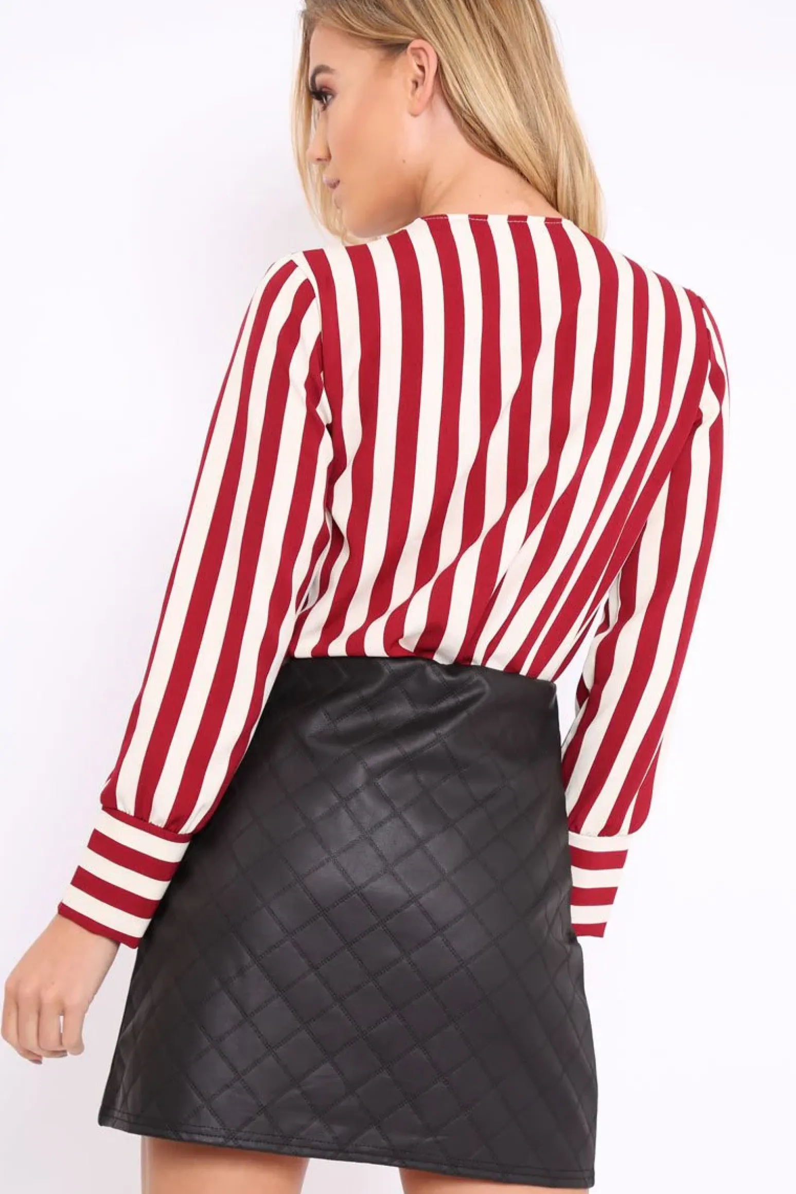 Rebellious Fashion Wine Stripe Plunge Satin Bodysuit - North
