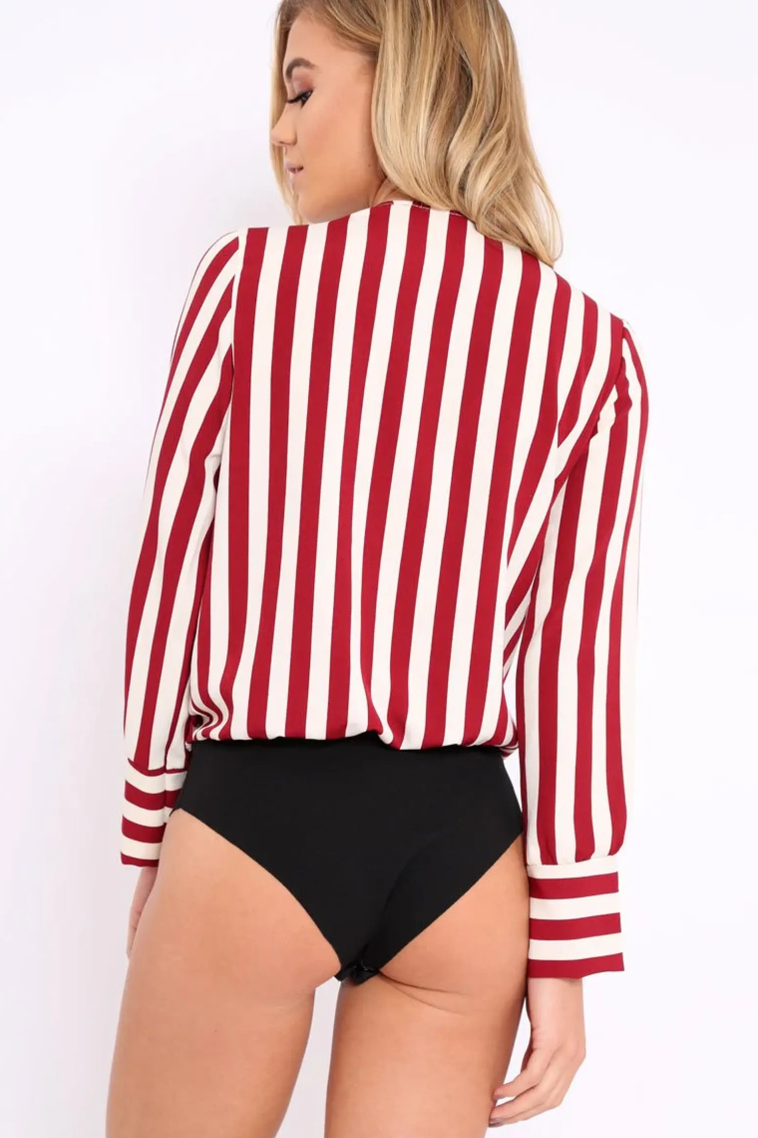 Rebellious Fashion Wine Stripe Plunge Satin Bodysuit - North