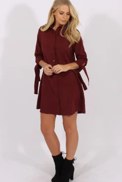 Rebellious Fashion Wine Suede Tie Cuff Oversized Shirt Dress - Deborah