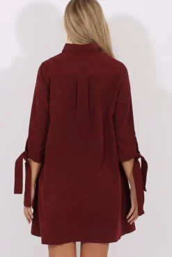 Rebellious Fashion Wine Suede Tie Cuff Oversized Shirt Dress - Deborah