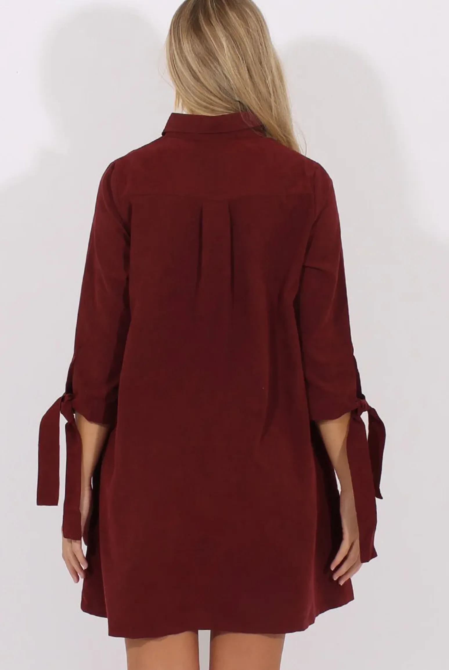 Rebellious Fashion Wine Suede Tie Cuff Oversized Shirt Dress - Deborah