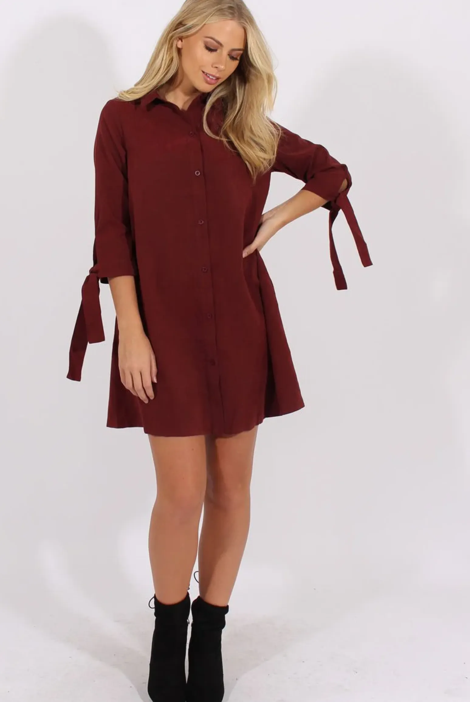 Rebellious Fashion Wine Suede Tie Cuff Oversized Shirt Dress - Deborah