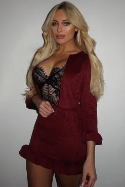 Rebellious Fashion Wine Suedette Frill Hems Jacket - Elsa