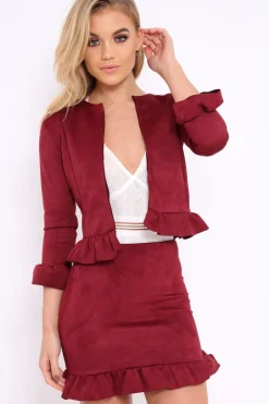 Rebellious Fashion Wine Suedette Frill Hems Jacket - Elsa