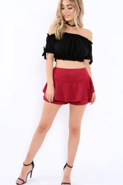 Rebellious Fashion Wine Suedette Frill High Waisted Shorts - Claudelle