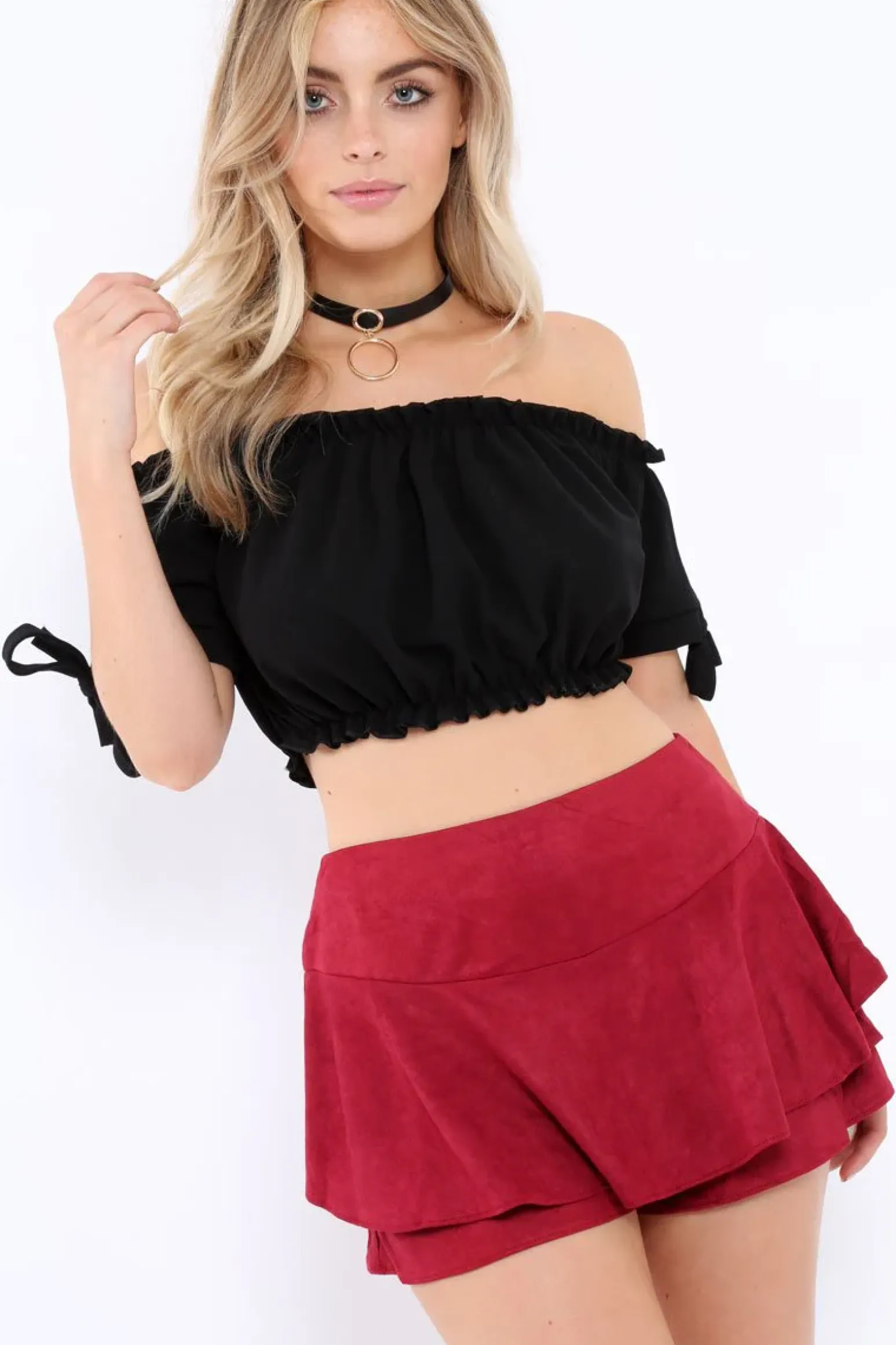 Rebellious Fashion Wine Suedette Frill High Waisted Shorts - Claudelle