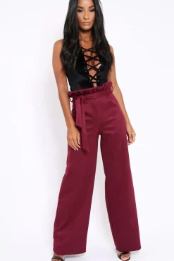 Rebellious Fashion Wine Suedette Paper Bag Tie Waist Wide Leg Trousers - Kennedy